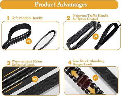 Fashion&Cool Heavy Duty Dog Leash Especially Large Dogs Up to 150lbs, 4-6 Ft Reflective Dog Walking Training Shock Absorbing Bungee Leash Car Seat Belt Buckle, 2 Padded Traffic Handle Extra Control