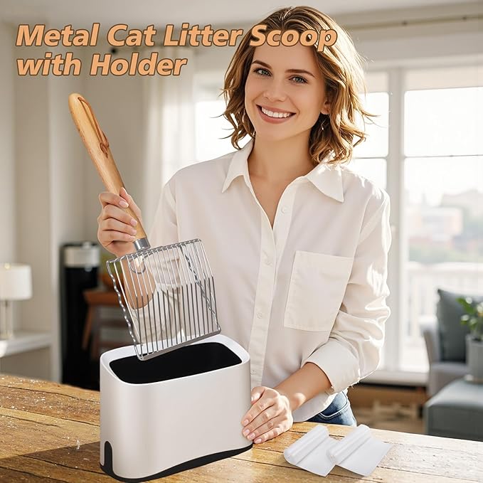 Metal Cat Litter Scoop with Holder, Poop Scooper with Stand and 2 Rolls of Garbage Bags, Heavy Duty Stainless Steel Shovel with Wooden, Quick Sifter for Easy Cleaning