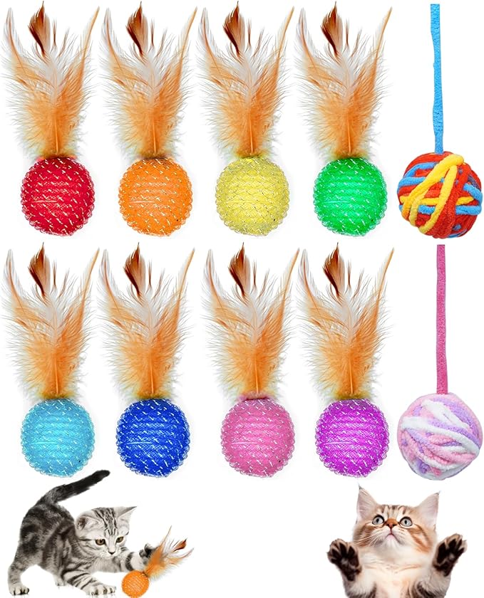 PET SHOW 10 Pack Cat Toys - Woolen Yarn Cat Balls, Interactive Mesh Feather Ball, String Toy for Indoor Cats, Chase Training Activity for Kittens