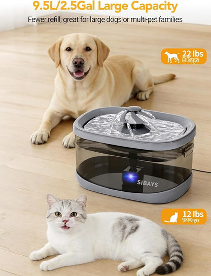 SIBAYS 9.5L Dog Water Fountain for Large Dogs, 2.5Gal Large Capacity Pet Water Fountain with 3 Flow Modes and LED Light, Automatic Ultra Quiet Dog Water Bowl Dispenser, Easy to Clean(FS82, Grey)