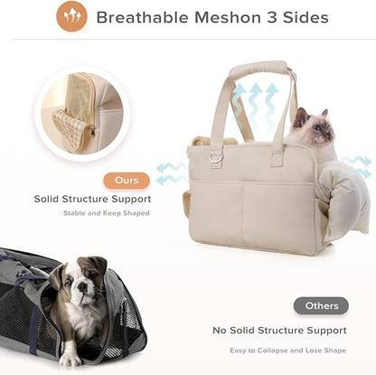 Dog Purse Carrier for Small Dogs & Puppies Up 10 Lbs, Soft Cotton Tote Pet Shoulder Bag with Pockets, Foldable & Washable Breathable Puppy Carrier for Yorkie, Chihuahua & Cats - Beige