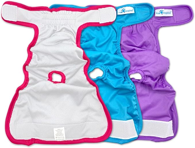 Paw Inspired Reusable Washable Dog Diapers (Pack of 3) in Assorted Colors with White Lining and Dog Diaper Suspenders in Black Combo Pack (X-Small)