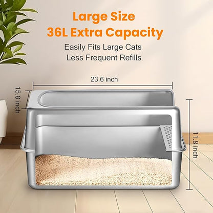 Stainless Steel Litter Box with Metal Lid and Scoop - Enclosed Metal Litter Box for Large Cats, Rust-Resistant, Odor-Control, Easy to Clean, Durable & Long-Lasting with Round Edge (XL)
