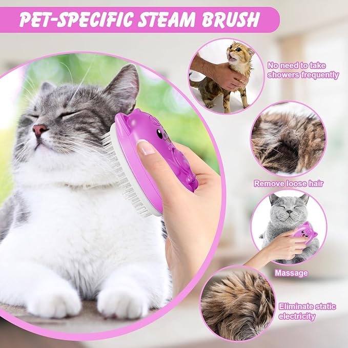 3 in 1 Cat Steam Brush for Shedding, Pet Steam brush for Dog & Cat Shedding & Grooming, for Long & Short Haired Pets, Spritz Defur Comb (rose red)