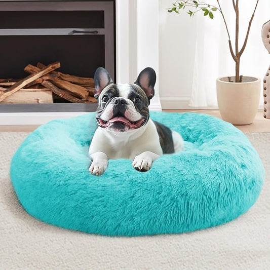 JOLLYVOGUE Calming Dog Bed Medium Size Dog, 31in Donut Washable Medium Pet Bed, Anti-Slip & Anti-Anxiety Fluffy Faux Fur Round Dogs Bed, Fits up to 45 lbs Pets (Aqua Blue)