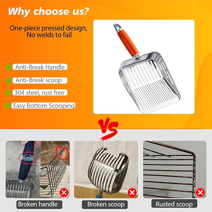 Rustproof & Unbreakable 304 Stainless Steel Metal Cat Litter Scoop, One-Piece Pressed Design with No Welds, Easy Bottom Scooping, Reinforced Anti-Break Handle