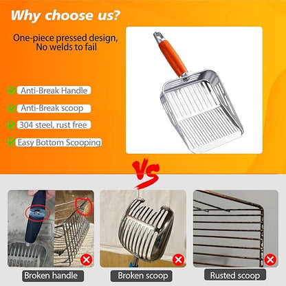 Rustproof & Unbreakable 304 Stainless Steel Metal Cat Litter Scoop, One-Piece Pressed Design with No Welds, Easy Bottom Scooping, Reinforced Anti-Break Handle