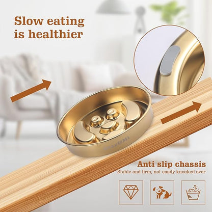 Golden Stainless Steel Slow Feeder Dog Bowls – Non-Slip Metal Dog Bowl for Large & Medium Breeds, Puppy Puzzle Feeder – 2 Cup for Small to Big Pets – Durable Slow Feed Dog & Cat Food Dish with Mat