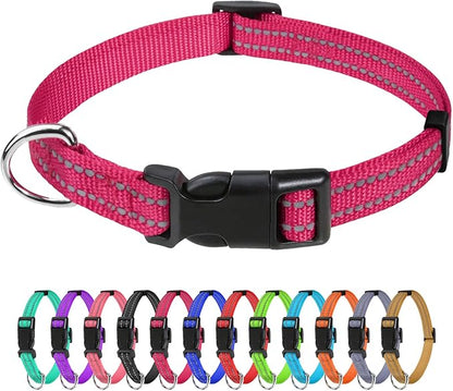 TagME Reflective Nylon Dog Collars, Adjustable Classic Pet Collar with Quick Release Buckle for Puppy, Hot Pink, 3/8" Width