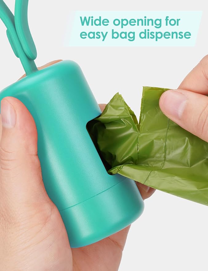 Gobeigo Dog Poop Bag Holder【Convenient Hook for Used Bags】【Silicone Strap Fits Any Leash】【Large Opening for Easy Dispensing】with 1 Roll Waste Bags (Turquoise)