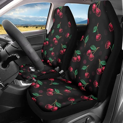 Cherry Print Car Seat Covers Full Set of 2, Cloth Seat for Auto Front Seats, Black Bucket Seat Covers for Cars Washable and Breathable Car Accessories for Sedan Truck SUV