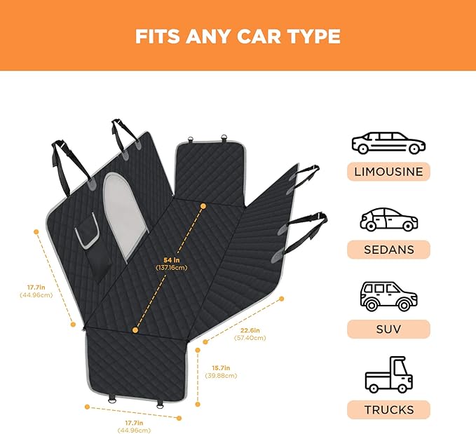 PetsN'all Durable Dog Car Seat Cover to Protect from Scratches, Dirt, Hair and Other Messes, Easy to Clean, 100% Waterproof, Washable, Nonslip, with Mesh Window for Cars Trucks and SUVs Black