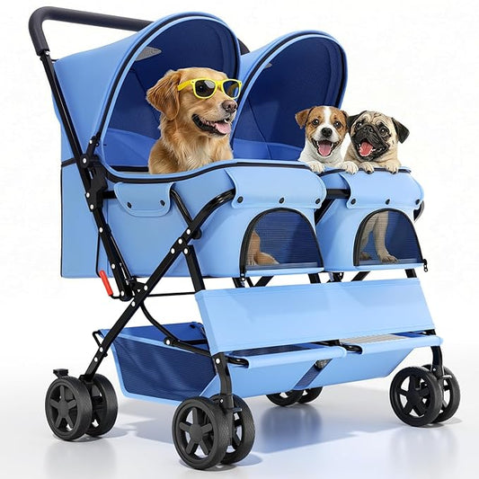 Magshion Side by Side Double Dog Stroller for 2 Small Dogs, Foldable Twin Pet Stroller with Breathable Mesh, Storage Basket, Swivel Wheels for Outdoor Walks & Daily Use, Blue