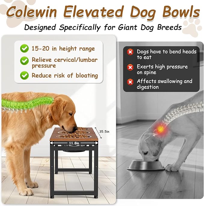 Elevated Dog Bowls Large Breed,Adjustable Raised Dog Bowl Stand,Stainless Steel 3 Bowl Dogs Feeding Station,12.5cup/101oz Each Food Water Bowl(Iron Holder,Wooden Platform,Grained Oak)