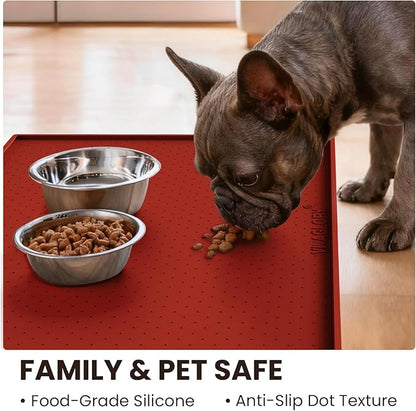 VIVAGLORY Dog Bowl Mat Grippymat Pet Food Mat, Waterproof Washable Nonslip Silicone for Pet & Cat, Food and Water Placemat with Lip & Raised Edges for Indoor Floor, S, Burgundy