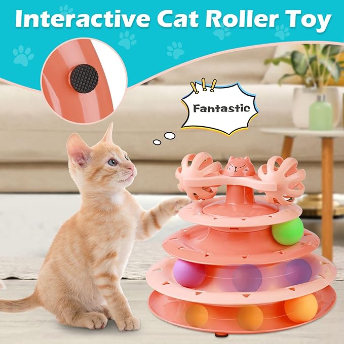 UPSKY Cat Toy Roller 4-Level Turntable Cat Toy Balls with Three Colorful Balls and Bell Ball X Turntable Interactive Kitten Fun Mental Physical Exercise Puzzle Toys