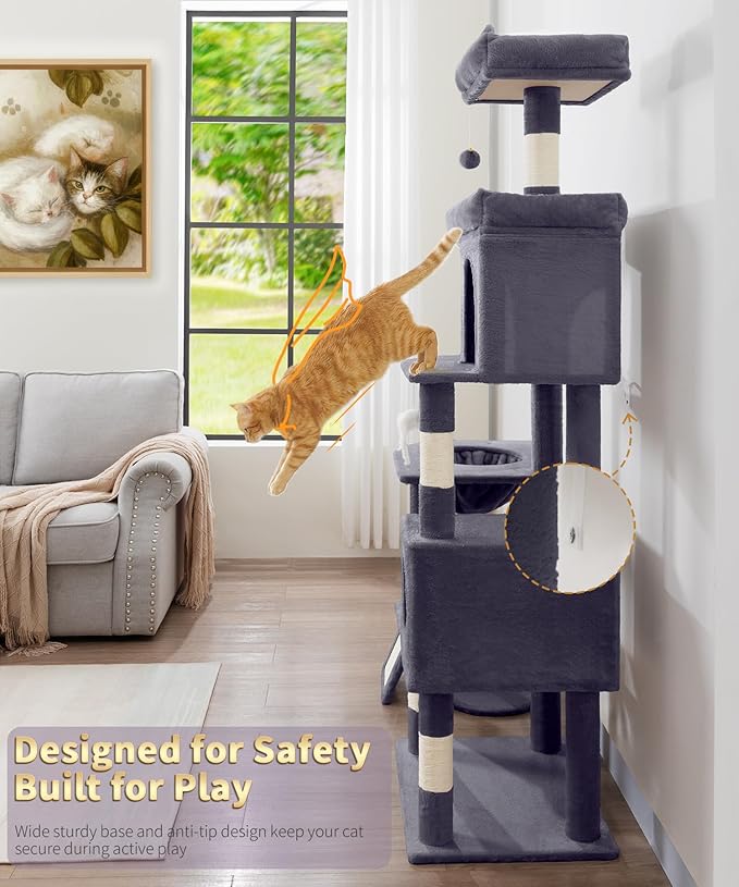 68 Inches Heavy Duty Cat Tree for Indoor Cat, Big Cat Tower with Sisal Scratching Posts and Top Perch, Large Platform for Adult Cats, PMT02DG, Dark Grey