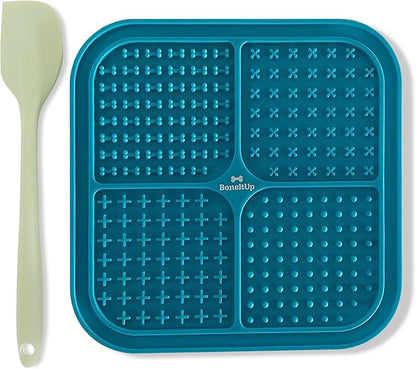 BoneItUp Lick Mat for Dogs & Cats – BPA-Free Dog Food Mat Slow Feeder, Crate Training, Dental Health & Digestion – Slow Feeder Mat for Dogs - Dishwasher Safe Crate Lick Mat (Blue)