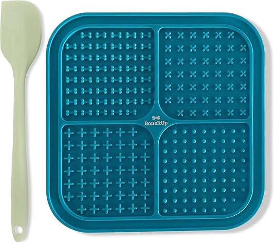 BoneItUp Lick Mat for Dogs & Cats – BPA-Free Dog Food Mat Slow Feeder, Crate Training, Dental Health & Digestion – Slow Feeder Mat for Dogs - Dishwasher Safe Crate Lick Mat (Blue)