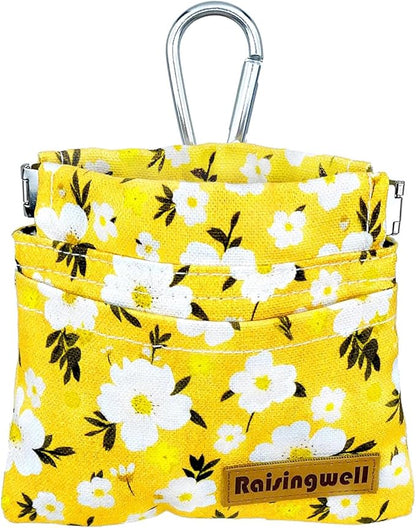 Raisingwell Dog Treat Pouch, Pocket Sized Pet Training Pouch, Cotton Fabric, Hand Free Yellow Flower Dog Walking Bag with Carabiner, Self-Closing Pet Feed Snack Reward, for Puppy Travel or Outdoor Use