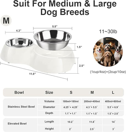 Double Dog Bowls Set – Non-Slip Pet Food & Water Dishes with Resin Stand, Includes Small (1 Cup) & Medium (2 Cups) Bowls – Ideal for Puppies and Cats – White