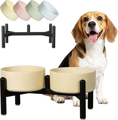 Ceramic Elevated Dog Bowl Set - Dog Feeder Station with Cute-Style Double Bowls for Small and Medium Size Breed - Non-Slip Raised Dish for Food and Water Feeding- 6 Inch - 3.5 Cups / 20 fl oz - Khaki