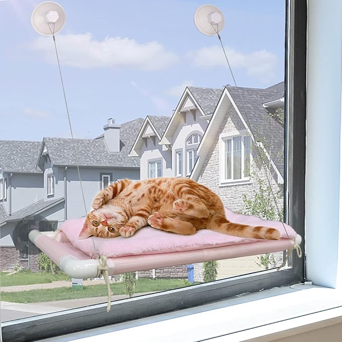 ZALALOVA Cat Window Perch, Pink Cat Hammock Window Seat Free Fleece Blanket for Female 2026 Latest Screw Suction Cups Extra Large Sturdy Bed Resting Indoors (One Extra Suction Cup)