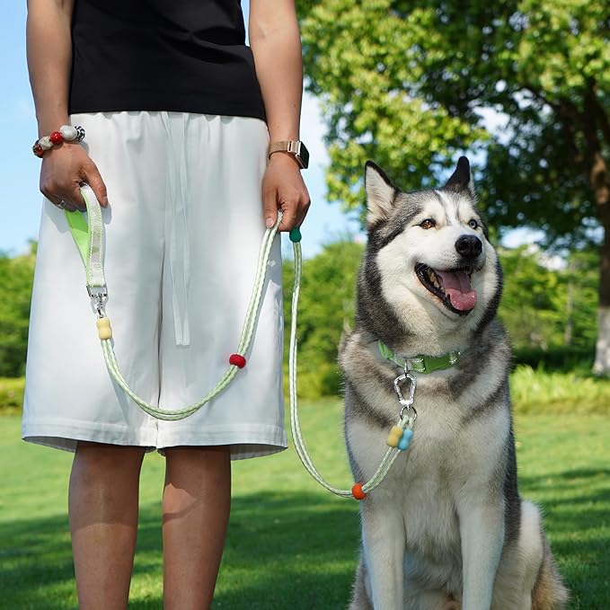JSXD Dog Leash and Collar Set with AirTag Holder for Small Medium Large Dogs,5 FT Double Rope Leashes with Adjustable Reflective Soft Padded Nylon Pet Collars (Green, Small)