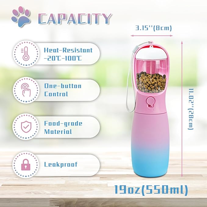 Dog Water Bottle with Food Container, 19Oz Large Capacity Portable Dog Water Bowl Dispenser, Food Grade New Puppy Essentials & Chihuahua Dog Accessories for Hiking Walking Traveling