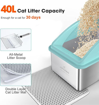 Stainless Steel Litter Box | XXL Deepened 8" Design Enclosed Box with Lid for Big Cats | High Sided, Anti-Urine Leakage | Non-Stick Bottom & Includes Litter Mat & Metal Scoop (Turquoise)