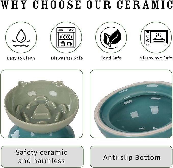 Slow Feeder Cat Bowl, Ceramic Cat Slow Feeder,Elevated Anti Vomiting Whisker Friendly Tilted Design,for Dry and Wet Food,Dishwasher Safe (Green)