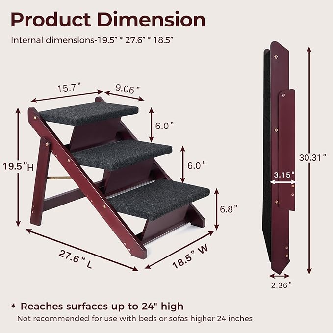 BRIKY Wooden Dog Stairs/Steps 19.5”H - Foldable 3 Steps Dog Steps for High Bed Couch Cars, Non-Slip Pet Stairs for Small Large Medium Dogs and Cats, No Assembly Required