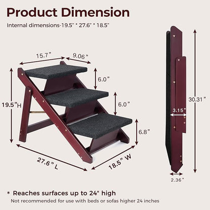 BRIKY Wooden Dog Stairs/Steps 19.5”H - Foldable 3 Steps Dog Steps for High Bed Couch Cars, Non-Slip Pet Stairs for Small Large Medium Dogs and Cats, No Assembly Required