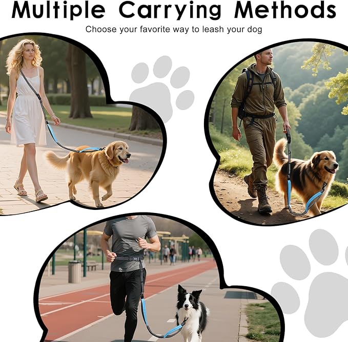Hands Free Dog Leash, 8.2 FT Waist Leash for Walking, Jogging, Hiking, Adjustable Crossbody Belt with Double Padded Handles, Bungee Car Seatbelt Design for Medium Large Dogs, Black + Blue