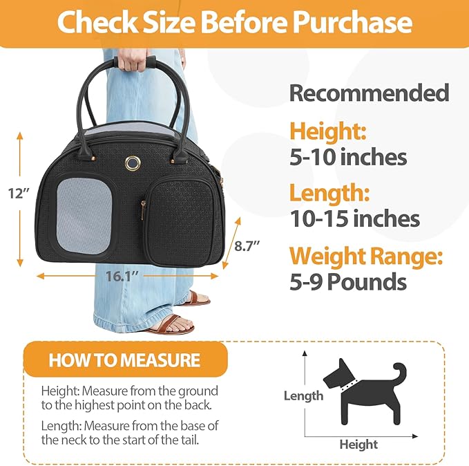 Dog Purse Carrier for Small Dogs, TSA Airline Approved Pet Tote Bag, Fashion Soft-Sided Puppy Carrier Purse with Pockets for Travel, Daily Outings (Black, 16.1inch x 8.7inch x 12inch)