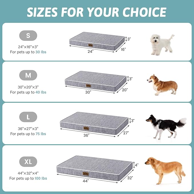 Large Orthopedic Dog Bed, Cooling Dog Beds for Large Dogs, Washable Pet Bed with Waterproof Liner, 44x32x4in,Dark Grey