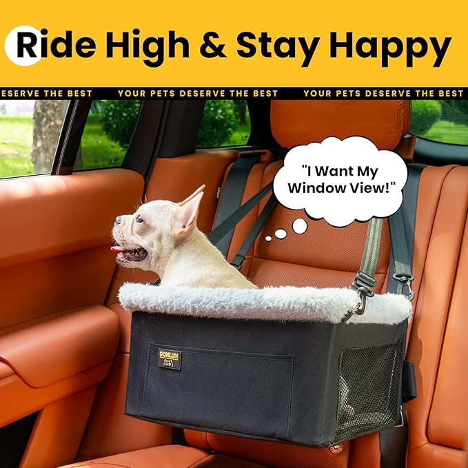 Conlun Dog Car Seat Booster for Small Pet Under 20lbs, Portable Travel Puppy Car Seat with Internal Steel Frame, Comfort Cushion & Storage Pockets, Adjustable Straps Fit Most Cars, Black