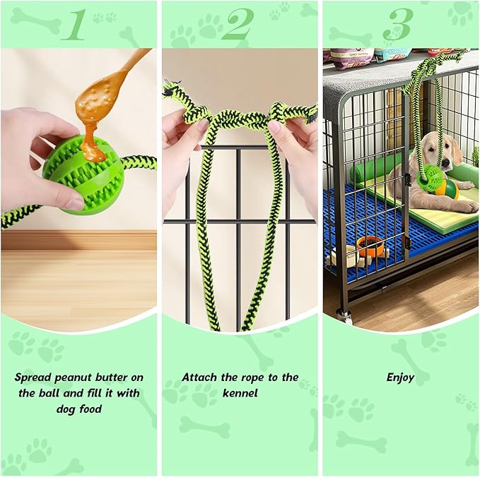 Engaging Chew Toys for Dogs - Puppy Crate Training Aids, Puzzle Treat Dispenser with Rope Ball for Reducing Stress and Anxiety, Compatible with Peanut Butter Treats (Green)