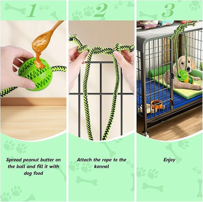 Engaging Chew Toys for Dogs - Puppy Crate Training Aids, Puzzle Treat Dispenser with Rope Ball for Reducing Stress and Anxiety, Compatible with Peanut Butter Treats (Green)