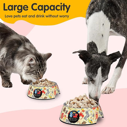 Pet Cats Dogs 2 in 1 Food Water Bowls - Non Slip Skid Proof Heavy Duty Pet Cats Dog Food Water Bowls for Feeding Drinking Small Medium Large Dogs Cats Puppies- Cartoon Animal World-S
