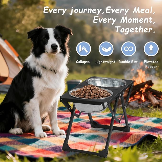 Foldable Elevated Dog Bowl Holder with 2 Large 58oz Stainless Steel Bowls, 10.2" Tall Raised Dog Bowl Stand for Medium/Large Breeds, Indoor and Outdoor Use