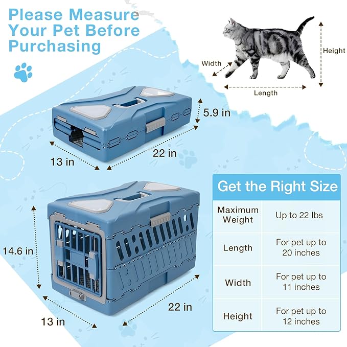 Pet Carrier for Cats & Small Dogs, Foldable & Durable Hard Cat Carrier Plastic, 2-Door 360° Ventilation Clear Top Pet Travel Kennel Crate for Longer Traveling Upto 22Lbs (22.0" L x 13.0" W x 14.6" H)