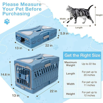 Pet Carrier for Cats & Small Dogs, Foldable & Durable Hard Cat Carrier Plastic, 2-Door 360° Ventilation Clear Top Pet Travel Kennel Crate for Longer Traveling Upto 22Lbs (22.0" L x 13.0" W x 14.6" H)