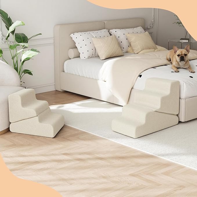 Dog Ramp for Bed, 20" H Dog Stairs for High Bed, 2 in 1 Pet Steps for Small Dogs, 4-Step Foldable Transformable Large Cats Ramp to Get on Couch, Non-Slip Balanced, Beige