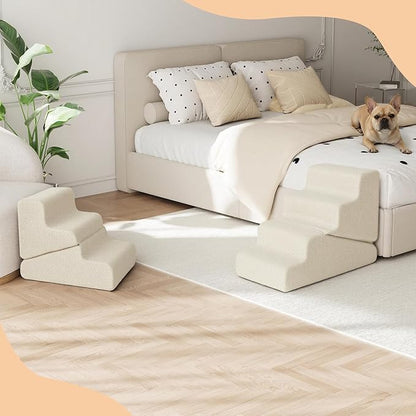 Dog Ramp for Bed, 20" H Dog Stairs for High Bed, 2 in 1 Pet Steps for Small Dogs, 4-Step Foldable Transformable Large Cats Ramp to Get on Couch, Non-Slip Balanced, Beige