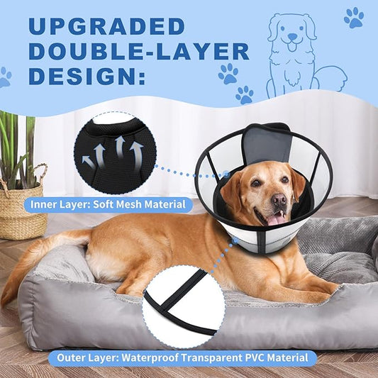 Soft Dog Cone Collar for Dogs After Surgery, Transparent Breathable Pet Recovery Collar for Large Medium Dogs, Adjustable Dog Cone Collar, Elizabethan Collar (M, Black)