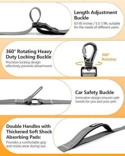 Hands Free Dog Leash, Crossbody Dog Leash, 5.3-7.9Ft Waist Belt with Car Seatbelt and Double-Sided Reflective,Walking, Jogging,Hiking, Travel etc.(Grey)