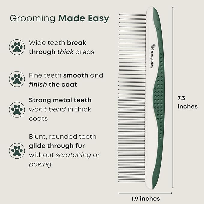 Freshly Bailey Metal Comb for Dogs - Greyhound Comb for Grooming Poodle, Doodle, Goldendoodle - Dog Comb with Dual Teeth for Curly & Wavy Coats