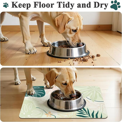 Topotdor Boho Dog Food Mat - Absorbent Quick-Dry Cat Bowl Mat for Food and Water, Non-Slip Pet Feeding Placemat for Messy Drinkers Dog Accessories Pet Supplies, 12"x20", Green