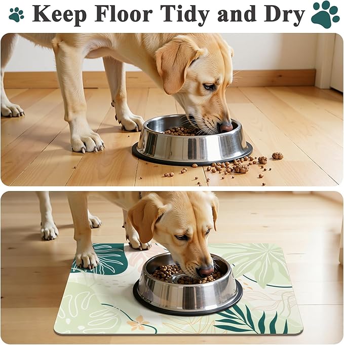 Topotdor Boho Dog Food Mat - Absorbent Quick-Dry Cat Bowl Mat for Food and Water, Non-Slip Pet Feeding Placemat for Messy Drinkers Dog Accessories Pet Supplies, 16"x24", Green